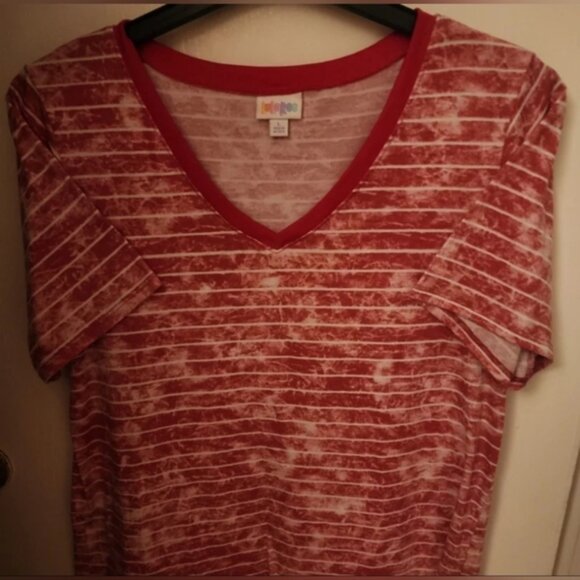 LuLaRoe Irma Red white Striped Tunic Shirt High Low Short Sleeve Pull-Over Top L - Picture 2 of 8